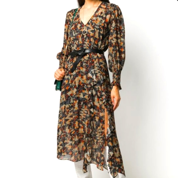 IRO Dresses & Skirts - IRO Abstract Print Orange & Black Jorma Asymmetrical Ruffle Dress